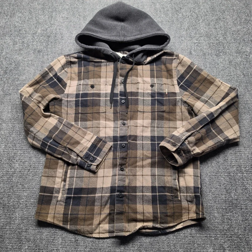 Active Ride Shop Mens Hooded Flannel Shirt Jacket Medium Brown Plaid Shacket